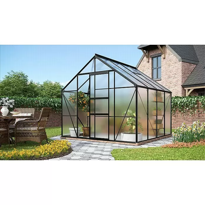 Vitavia Gewächshaus Merkur 6700 Plus - Außenmaß inkl. Dachüberstand (B x T): 257 x 258 cm, 6 mm, Schwarz - Schwarz gerahmtes Gewächshaus mit transparenten Platten, Schiebetür und Dachluke, im Garten zur Pflanzenzucht.