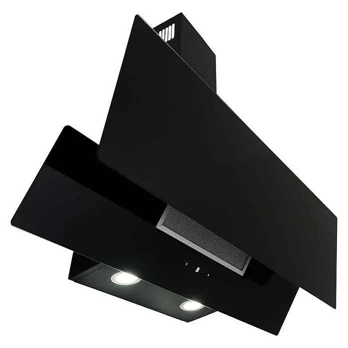 Respekta Schräghaube Nika - Breite: 89,5 cm, Max. Gebläseleistung Abluftbetrieb: 616,4 m³/h, Schwarz - Eine moderne, schwarze Dunstabzugshaube mit integrierten Lichtern, die für eine saubere und stilvolle Küche sorgt.