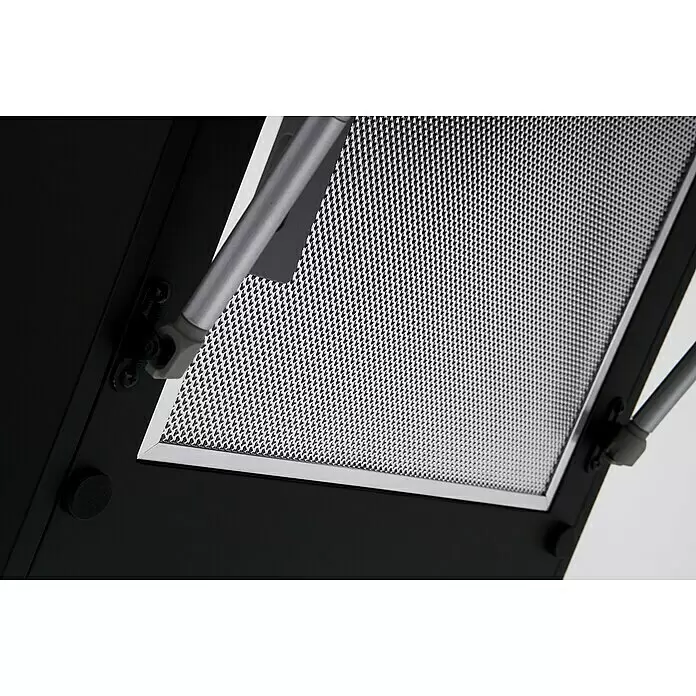 Respekta Schräghaube Alia - Breite: 60 cm, Max. Gebläseleistung Abluftbetrieb: 534,8 m³/h, Schwarz - Nahaufnahme eines geöffneten Geräts, das einen silbernen Metallgitterfilter in einem schwarzen Rahmen, gestützt von silbernen Gasfedern, zeigt.