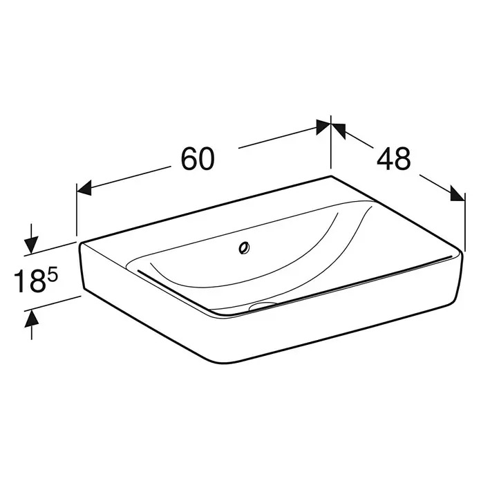 Geberit Renova Plan Waschtisch - 60 x 48 cm, Ohne Spezialglasur, Hahnloch: Ohne, Mit Überlauf, Weiß - Detaillierte Skizze eines rechteckigen Waschbeckens mit abgerundeten Ecken und Maßangaben für die Installation.