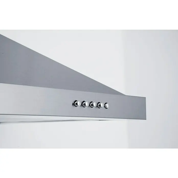 Respekta Kaminhaube Medea - Breite: 89,5 cm, Max. Gebläseleistung Abluftbetrieb: 569,1 m³/h, Edelstahl - Nahaufnahme einer modernen Dunstabzugshaube aus Edelstahl mit Bedienknöpfen zur Steuerung der Funktionen.