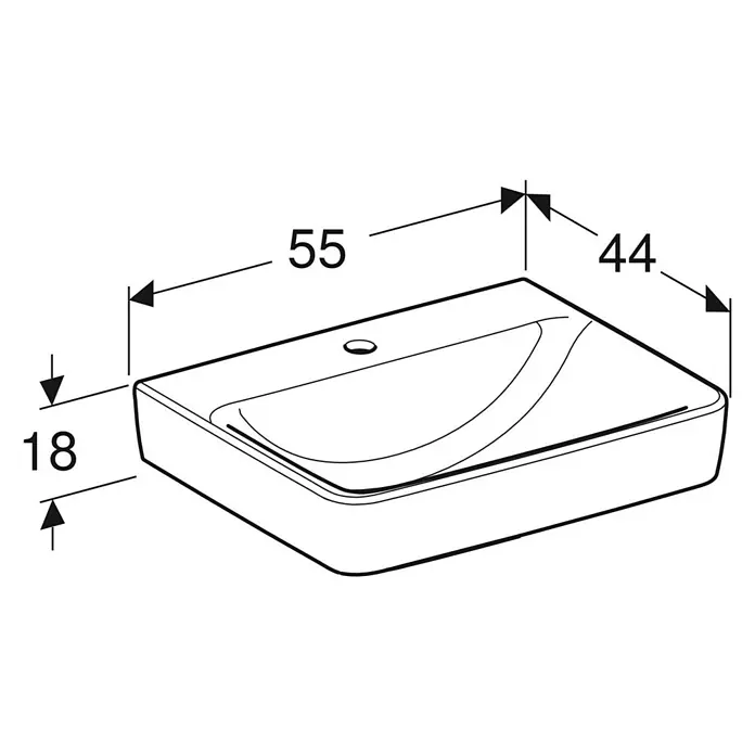 Geberit Renova Plan Waschtisch - 55 x 44 cm, Mit schmutzabweisender Glasur, Hahnloch: Mitte, Ohne Überlauf, Weiß - Produktskizze eines Waschbeckens mit den Maßen 55 cm Breite, 44 cm Tiefe und 18 cm Höhe für Installationsdetails.