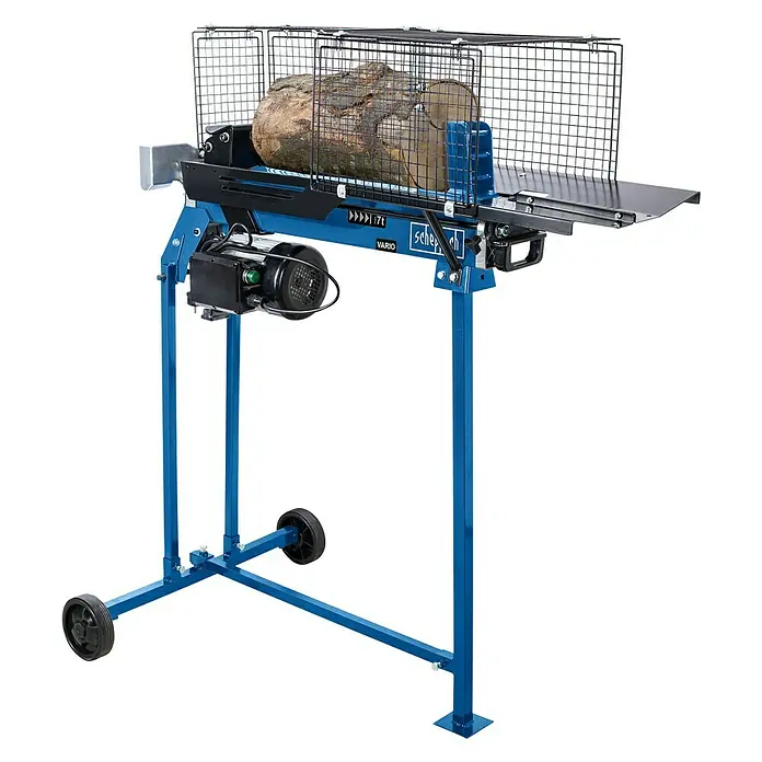 Scheppach Holzspalter HL760LS - 2.200 W, 7 t, Max. Spaltgutlänge: 52 cm - 250 mm - Das Bild zeigt einen Scheppach Holzspalter Vario mit einem Stück Holz zum Spalten bereit. Der Holzspalter steht auf einem blauen Gestell.