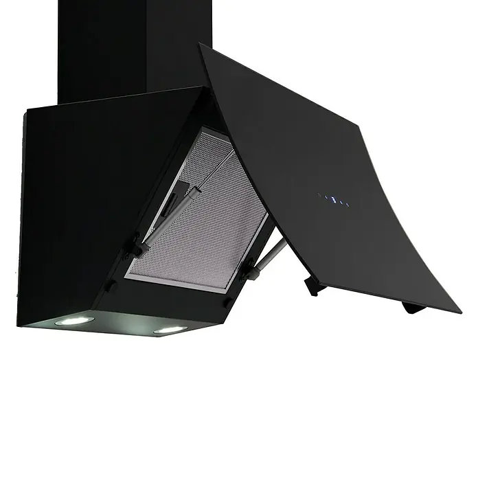 Respekta Schräghaube Alia - Breite: 60 cm, Max. Gebläseleistung Abluftbetrieb: 534,8 m³/h, Schwarz - Eine moderne, schwarze Dunstabzugshaube mit geöffneter Klappe und silberfarbenem Filter. Sorgt für saubere Luft beim Kochen.