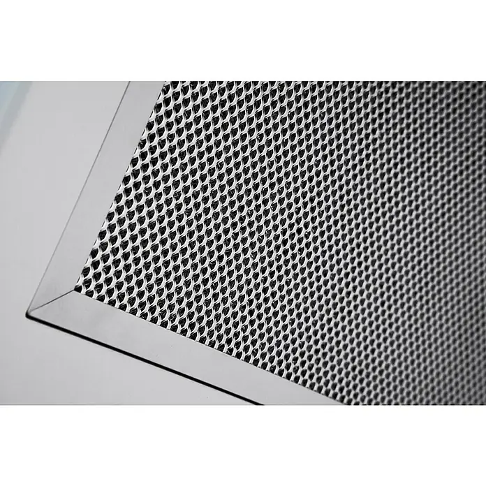 Respekta Schräghaube Elva - Breite: 60 cm, Max. Gebläseleistung Abluftbetrieb: 449,9 m³/h, Weiß/Silber - Nahaufnahme eines Dunstabzugshaubenfilters, der ein feines, metallisches Netzmuster aufweist, eingefasst in einen eleganten Rahmen.