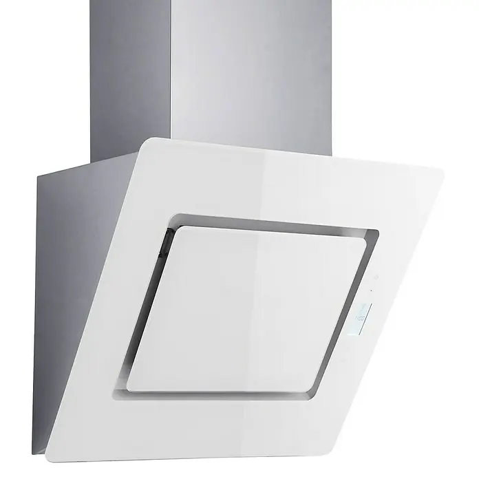 Respekta Schräghaube Elva - Breite: 60 cm, Max. Gebläseleistung Abluftbetrieb: 449,9 m³/h, Weiß/Silber - Nahaufnahme einer eleganten, modernen Dunstabzugshaube in Weiß und Silber, die ein stilvolles Küchengerät für saubere Luft präsentiert.