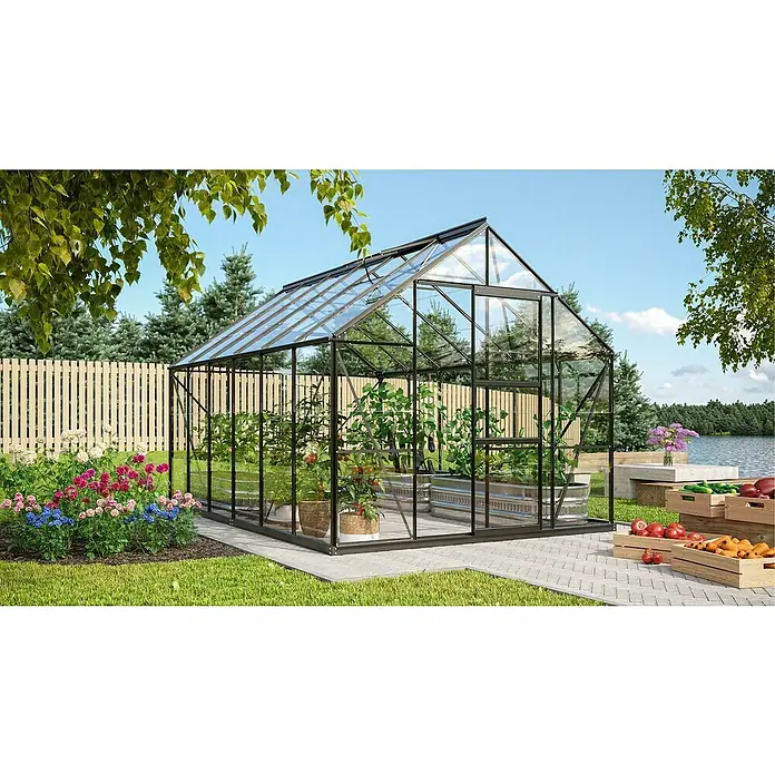 Vitavia Gewächshaus Merkur 9900 - Außenmaß inkl. Dachüberstand (B x T): 257 x 383 cm, 3 mm, Schwarz - Gewächshaus mit Pflanzen und Tomaten in Töpfen. Das Gewächshaus hat eine Glasstruktur und bietet Schutz für die Pflanzen.