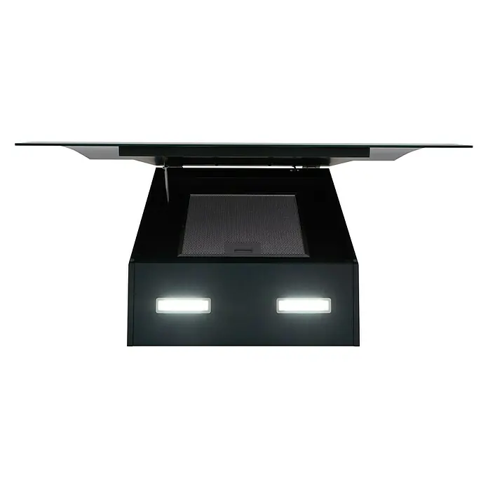 Respekta Schräghaube Selia - Breite: 90 cm, Max. Gebläseleistung Abluftbetrieb: 619,3 m³/h, Schwarz - Eine Dunstabzugshaube mit Beleuchtung und Glasplatte vor einem schwarzen Hintergrund.