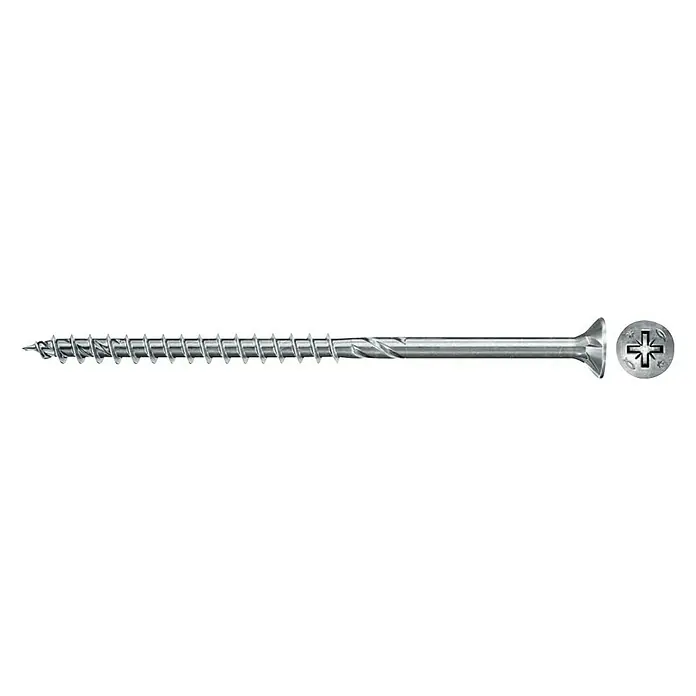 Fischer Tornillo universal PowerFast II FPF II CZP - Ø x L: 5 x 60 mm, 50 ud., Pozidriv - Un tornillo para madera de color plateado, con una cabeza de cruz y una rosca afilada, ideal para la construcción de madera.