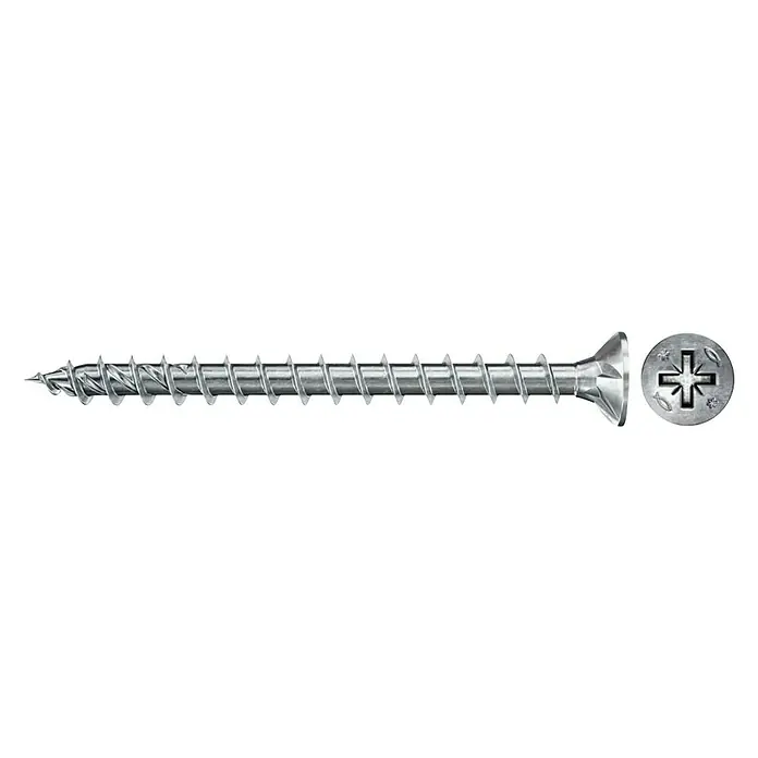 Fischer Tornillo universal PowerFast II FPF II CZF - Ø x L: 3,5 x 16 mm, Pozidriv - Primer plano de un tornillo para madera con cabeza de cruz, ideal para conexiones de madera precisas y seguras.
