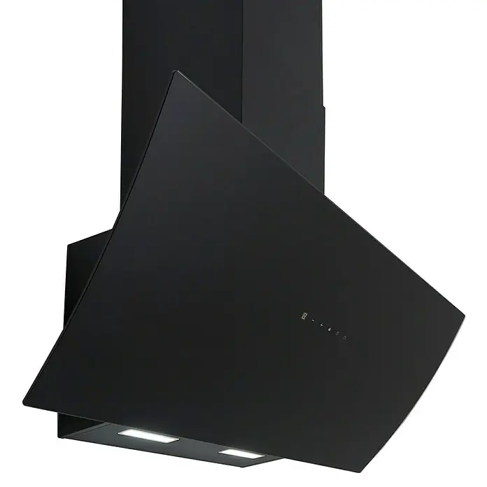 Respekta Schräghaube Selia - Breite: 90 cm, Max. Gebläseleistung Abluftbetrieb: 619,3 m³/h, Schwarz - Nahaufnahme einer modernen, schwarzen Dunstabzugshaube mit eleganter Formgebung und integrierter Beleuchtung für eine stilvolle Küchenumgebung.
