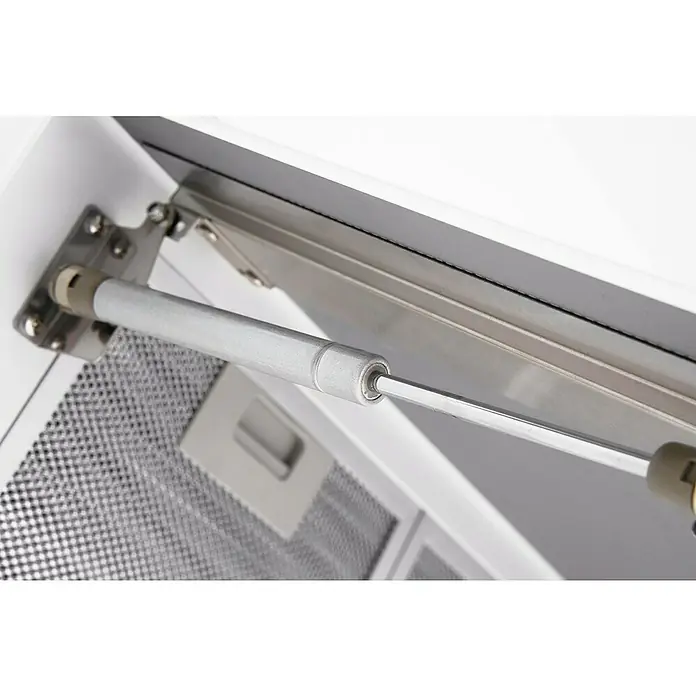 Respekta Schräghaube Elva - Breite: 90 cm, Max. Gebläseleistung Abluftbetrieb: 502,6 m³/h, Weiß/Silber - Detailaufnahme einer Küchenschranktür mit Gasdruckfeder, die für sanftes Öffnen und Schließen sorgt. Das Beschlagsystem ist aus hochwertigen Materialien gefertigt.