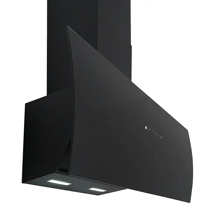 Respekta Schräghaube Selia - Breite: 90 cm, Max. Gebläseleistung Abluftbetrieb: 619,3 m³/h, Schwarz - Nahaufnahme einer modernen, schwarzen Dunstabzugshaube mit elegantem Design und integrierter Beleuchtung.
