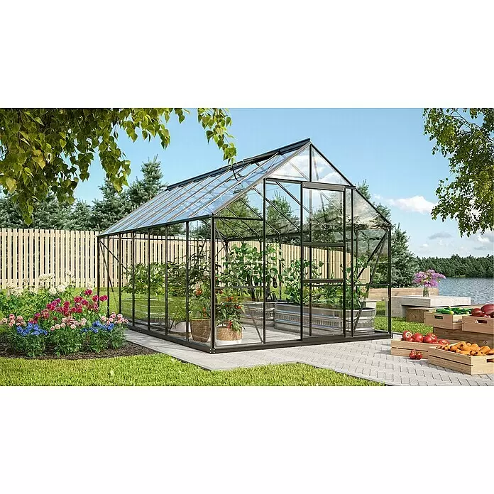 Vitavia Gewächshaus Merkur 11500 Plus - Außenmaß inkl. Dachüberstand (B x T): 257 x 445 cm, 3 mm, Schwarz - Stimmungsaufnahme