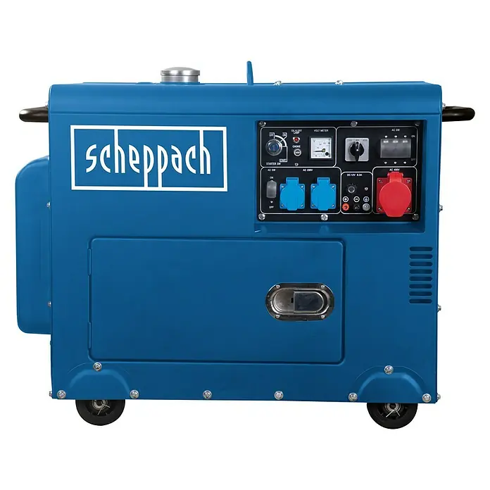Scheppach Stromerzeuger SG5200D - Nennleistung: 4,2 kW, Tankvolumen: 16 l - Abbildung eines blauen Scheppach Stromerzeugers. Ein tragbarer, zuverlässiger Stromgenerator für Baustellen oder den Heimgebrauch.