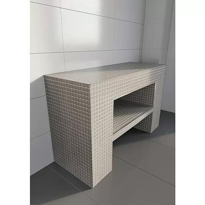 Ultrament Bauplatte Do it - 260 cm x 60 cm x 40 mm, Beschichtet - Mosaikgeflieste Badezimmerbank mit offener Ablage, in Hellbraun/Beige.