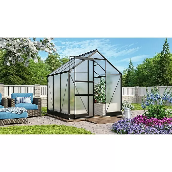Vitavia Gewächshaus Apollo 3800 - Außenmaß inkl. Dachüberstand (B x T): 195 x 199 cm, 4 mm, Schwarz - Ein modernes Gewächshaus mit schwarzem Rahmen und transparenten Paneelen auf Holzsockel in einem üppigen Garten, gefüllt mit Pflanzen.
