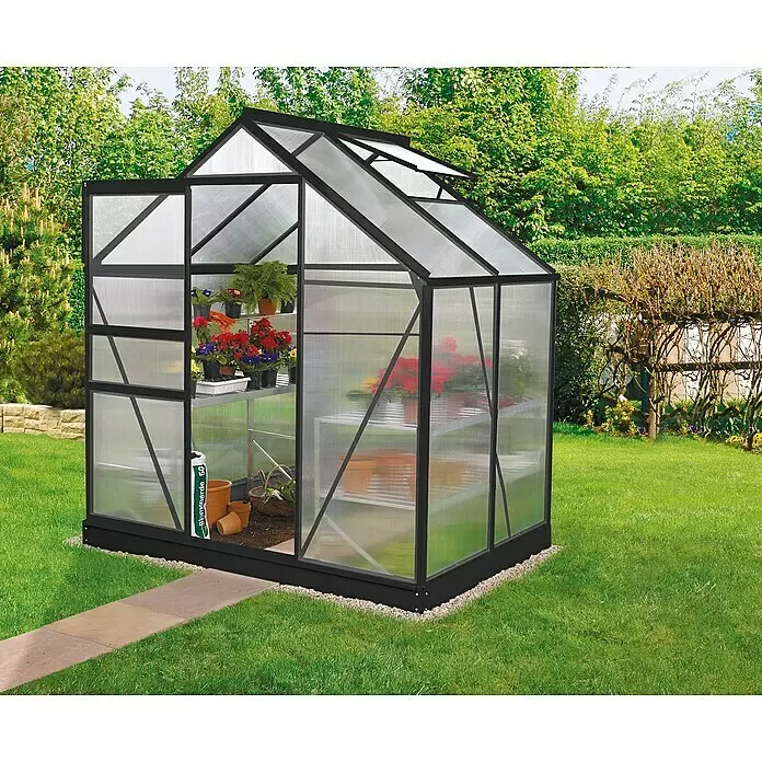 Vitavia Gewächshaus Venus 2500 - Außenmaß inkl. Dachüberstand (B x T): 195 x 131 cm, 6 mm, Schwarz - Stimmungsaufnahme