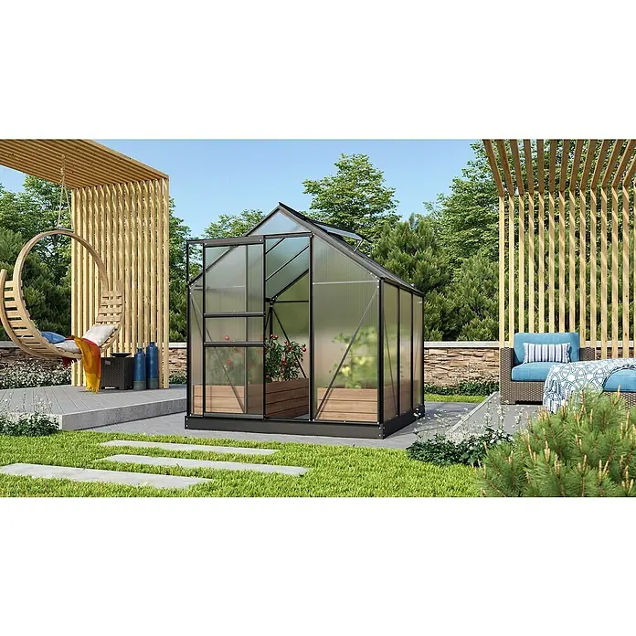 Vitavia Gewächshaus Venus 3800 - Außenmaß inkl. Dachüberstand (B x T): 195 x 195 cm, 4 mm, Schwarz - Geräumiges Gewächshaus im Garten mit bequemen Sitzgelegenheiten und Hängesessel für entspannte Stunden neben der Pflanzenzucht.