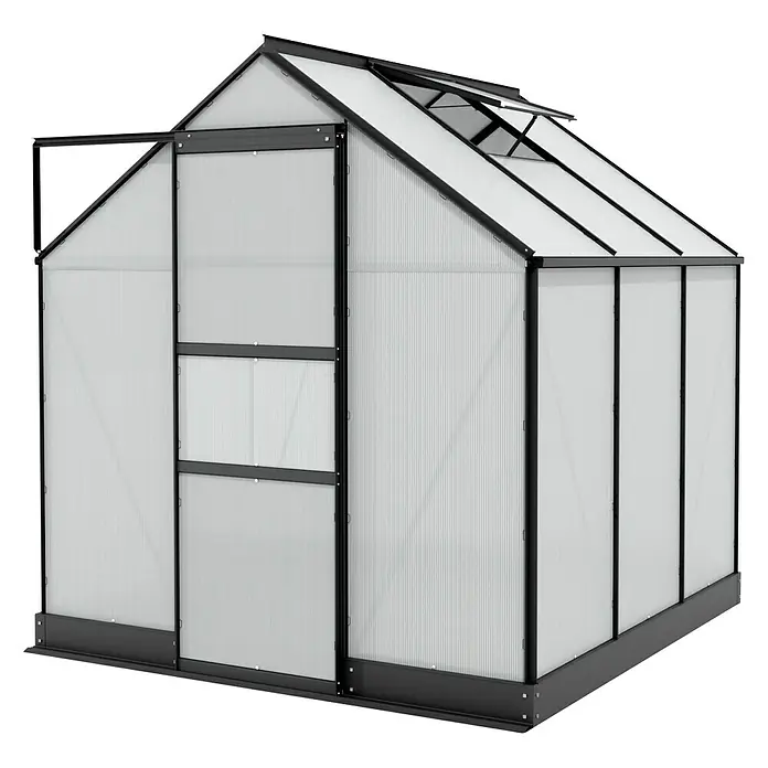 Vitavia Gewächshaus Apollo 3800 - Außenmaß inkl. Dachüberstand (B x T): 195 x 199 cm, 6 mm, Schwarz - Nahaufnahme eines Gewächshauses mit schwarzem Rahmen und einer teilweise geöffneten Tür, ideal für Hobbygärtner.