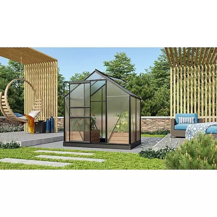 Vitavia Gewächshaus Venus 2500 - Außenmaß inkl. Dachüberstand (B x T): 195 x 131 cm, 6 mm, Schwarz - Stimmungsaufnahme