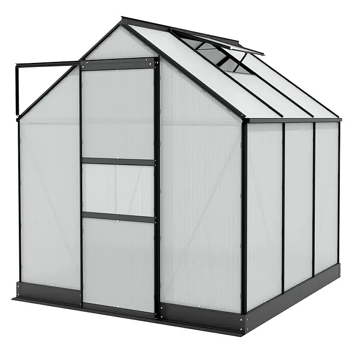 Vitavia Gewächshaus Apollo 3800 - Außenmaß inkl. Dachüberstand (B x T): 195 x 199 cm, 4 mm, Schwarz - Ein großes Gewächshaus mit einem schwarzen Rahmen und weißen Paneelen, das sich perfekt für den Anbau von Pflanzen eignet.