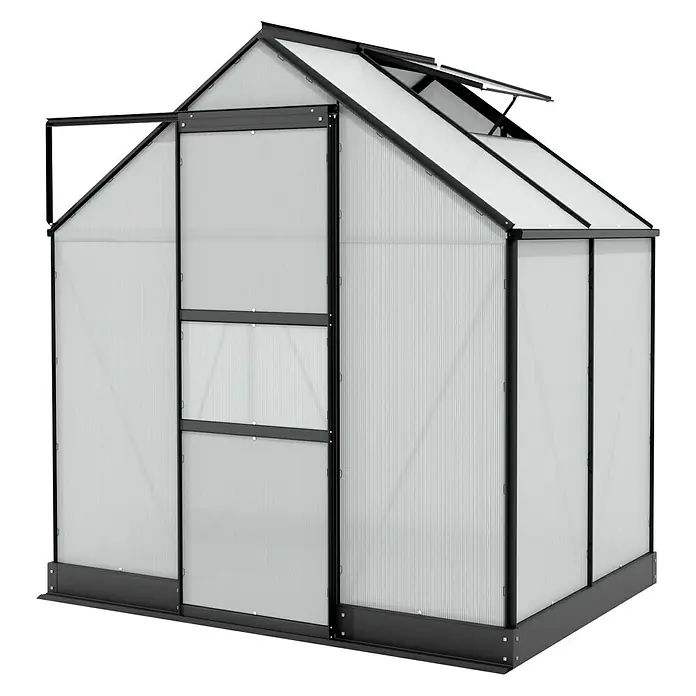 Vitavia Gewächshaus Apollo 2500 - Außenmaß inkl. Dachüberstand (B x T): 195 x 137 cm, 6 mm, Schwarz - Ein modernes Gewächshaus mit transparenten Wänden und einem schwarzen Rahmen. Es bietet ausreichend Platz für Pflanzen und Gemüse.