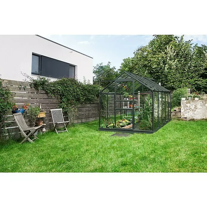 Vitavia Gewächshaus Venus 6200 - Außenmaß inkl. Dachüberstand (B x T): 195 x 321 cm, 3 mm, Schwarz - Dunkelgraues Gewächshaus aus Glas im Garten, gefüllt mit Pflanzen auf Regalen und Beeten.