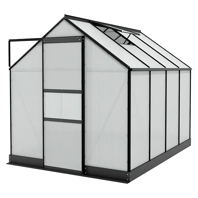 Vitavia Gewächshaus Apollo 5000 - Außenmaß inkl. Dachüberstand (B x T): 195 x 261 cm, 6 mm, Schwarz - Das Bild zeigt ein Gewächshaus mit schwarzem Rahmen und transparenten Wänden, ideal für den Garten. Die Tür ist leicht geöffnet.