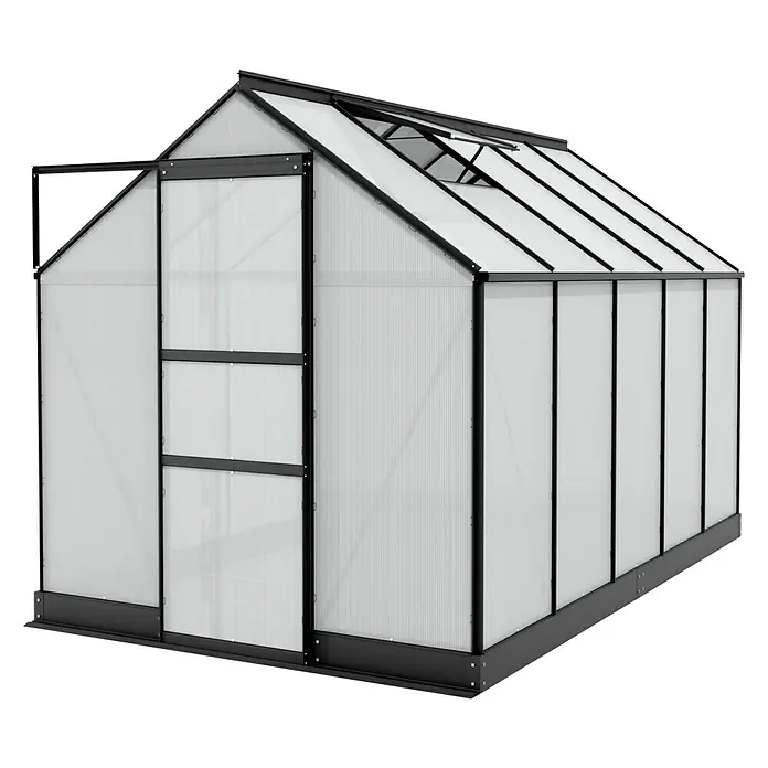 Vitavia Gewächshaus Apollo 6200 - Außenmaß inkl. Dachüberstand (B x T): 195 x 323 cm, 4 mm, Schwarz - Ein geräumiges Gewächshaus mit schwarzem Rahmen und transparenten Paneelen, ideal für den Anbau verschiedener Pflanzen.