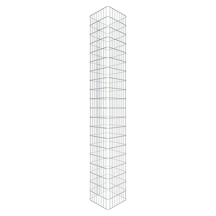 Gabiona Gabionensäule - 42 x 42 x 200 cm, Stahl, Maschenbreite: 50 mm, Maschenhöhe: 100 mm - Bild eines schlanken, silberfarbenen Regalrahmens mit einem minimalistischen, modernen Design.