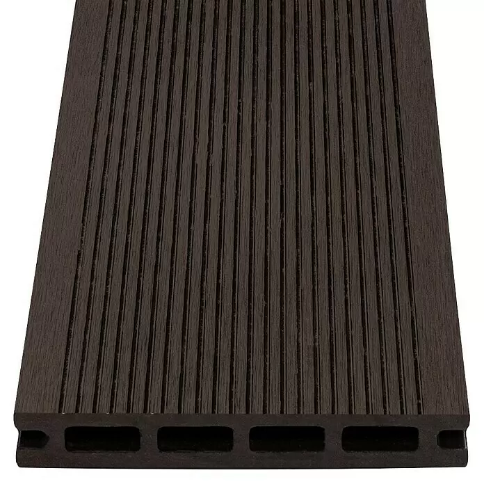 Tablón para terraza WPC Techwood - 300 x 13,5 x 2,1 cm, Marrón oscuro - Tarima de composite marrón oscuro con superficie estriada y canales huecos para uso exterior.