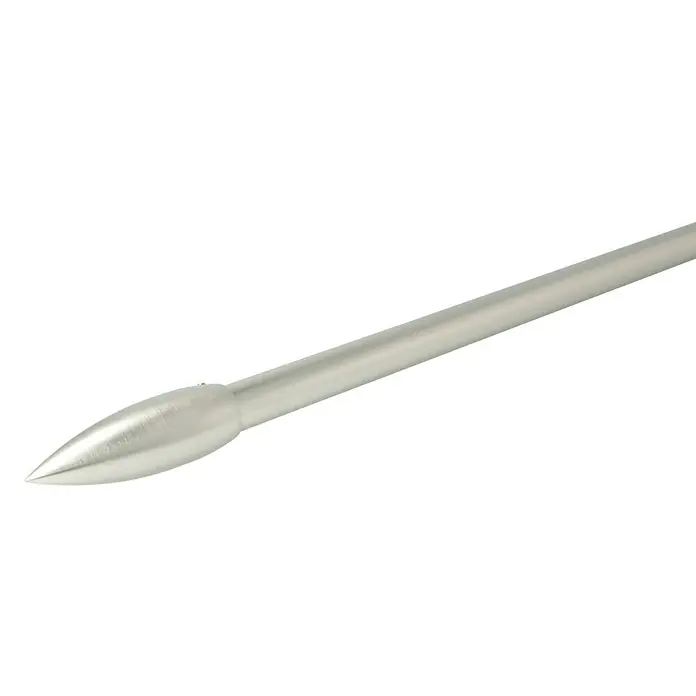Expo Ambiente Endstück Cardo - Edelstahloptik, Geeignet für: Gardinenstangen Ø 20 mm, 2 Stk. - Nahaufnahme einer silberfarbenen Pfeilspitze, die sich an einem Pfeilschaft befestigt, ideal für Bogenschießen oder dekorative Zwecke.