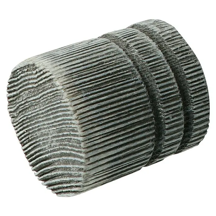 Expo Ambiente Endstück Rill-Cap - 2 Stk., Grau, Geeignet für: Gardinenstangen Ø 28 mm - Nahaufnahme eines gerändelten Drehknopfes aus dunklem Material, der eine griffige Oberfläche für einfache Bedienung bietet.