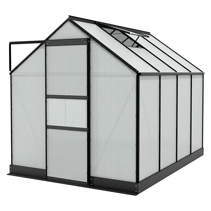 Vitavia Gewächshaus Apollo 5000 - Außenmaß inkl. Dachüberstand (B x T): 195 x 261 cm, 4 mm, Schwarz - Ein modernes Gewächshaus mit schwarzem Rahmen und transparenten Wänden, ideal für den Gartenbau.