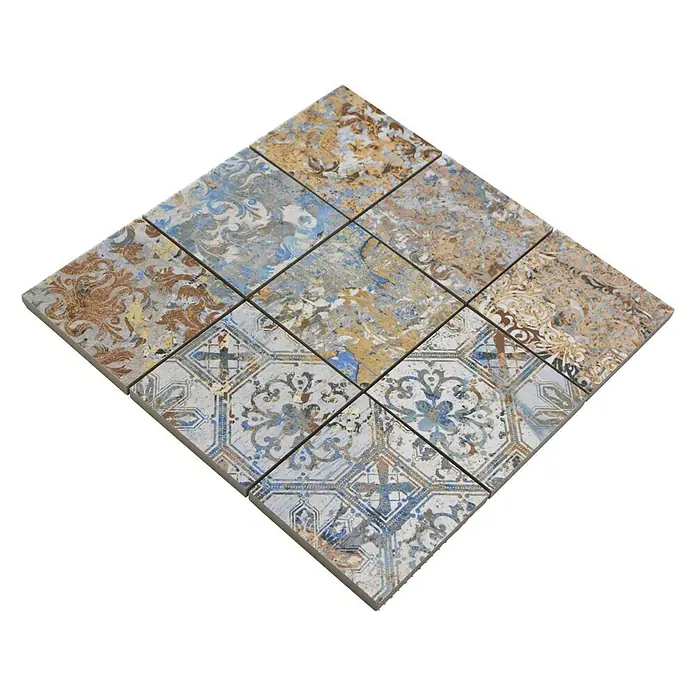 Mosaikfliese Quadrat Curtain 95 Strong Colour Mix CV 95MSC - 29 x 29 cm, Beige/Braun/Blau, Matt - Quadratische Fliesen in verschiedenen Mustern angeordnet, die ein dekoratives Element bilden. Ideal für Küche oder Bad.