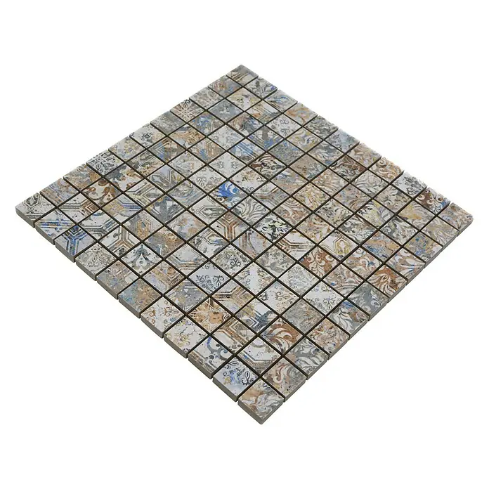 Mosaikfliese Quadrat Curtain 25 Strong Colour Mix CV 25MSC - 29,5 x 29,5 cm, Beige/Braun, Matt - Quadratisches Mosaikfliesenmuster in verschiedenen Farbtönen mit filigranen Verzierungen für stilvolle Oberflächengestaltung.