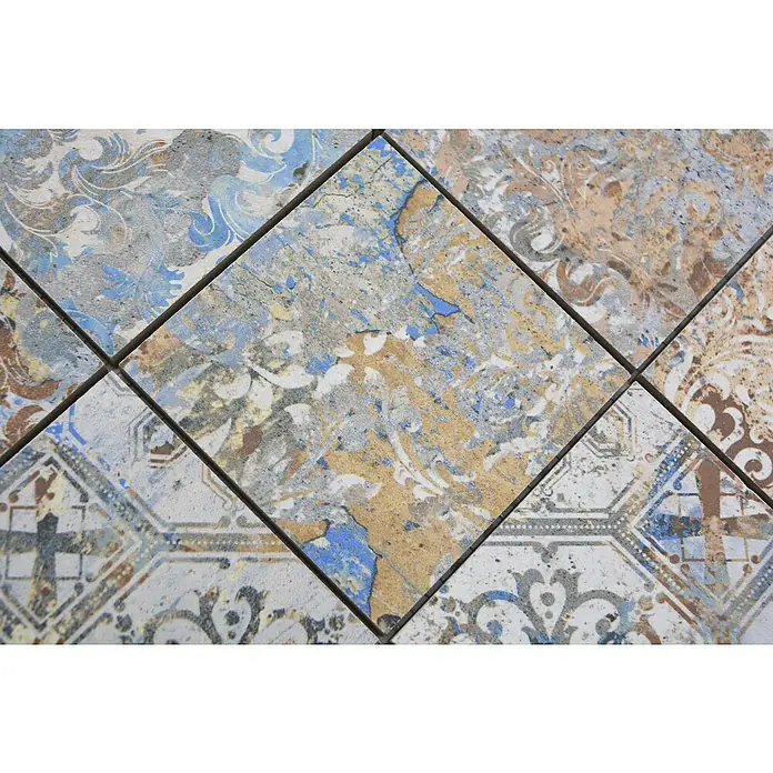 Mosaikfliese Quadrat Curtain 95 Strong Colour Mix CV 95MSC - 29 x 29 cm, Beige/Braun/Blau, Matt - Detailaufnahme von dekorativen quadratischen Keramikfliesen in verschiedenen Mustern und Farben, ideal für Bad oder Küche.