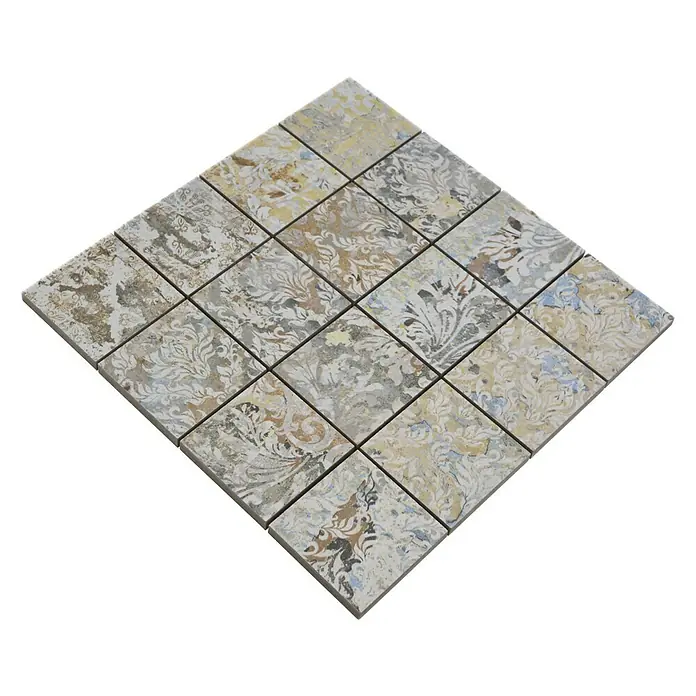 Mosaikfliese Quadrat Curtain 71 Mixlight Colour CS 71MLC - 29 x 29 cm, Beige/Braun, Matt - Bild einer quadratischen Fliese, die aus 16 kleineren quadratischen Fliesen mit gemustertem Design besteht.