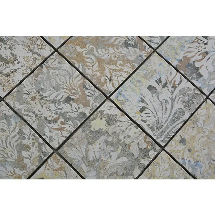 Mosaikfliese Quadrat Curtain 71 Mixlight Colour CS 71MLC - 29 x 29 cm, Beige/Braun, Matt - Nahaufnahme von verzierten, quadratischen Fliesen mit floralen Mustern in Grau-, Beige- und Weißtönen, die ein elegantes und dekoratives Design zeigen.