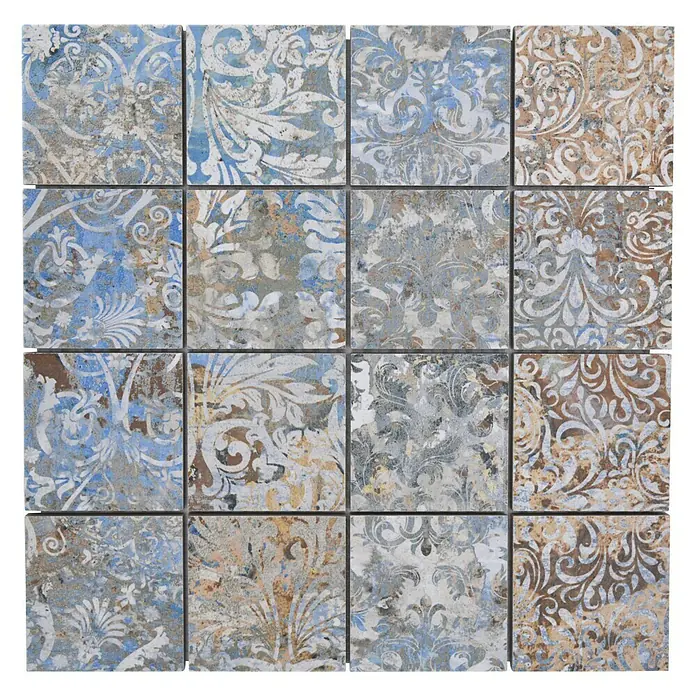 Mosaikfliese Quadrat Curtain 71 Strong Colour Mix CV 71MSC - 29 x 29 cm, Beige/Braun/Blau, Matt - Nahaufnahme von verzierten, gemusterten Dekorfliesen in Blau-, Braun- und Grautönen, die ein elegantes und künstlerisches Aussehen bieten.