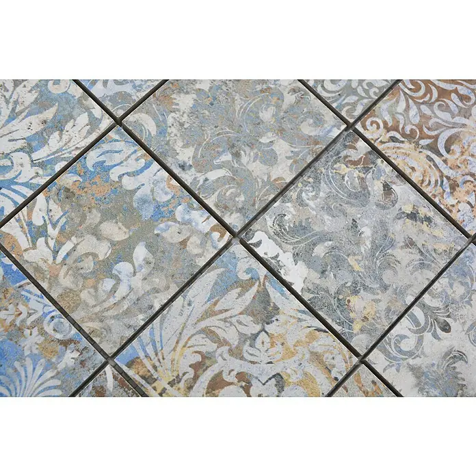 Mosaikfliese Quadrat Curtain 71 Strong Colour Mix CV 71MSC - 29 x 29 cm, Beige/Braun/Blau, Matt - Detailaufnahme von Dekorfliesen. Die Fliesen zeigen ein florales Muster in Blau-, Braun- und Grautönen und verleihen jedem Raum einen Vintage-Look.