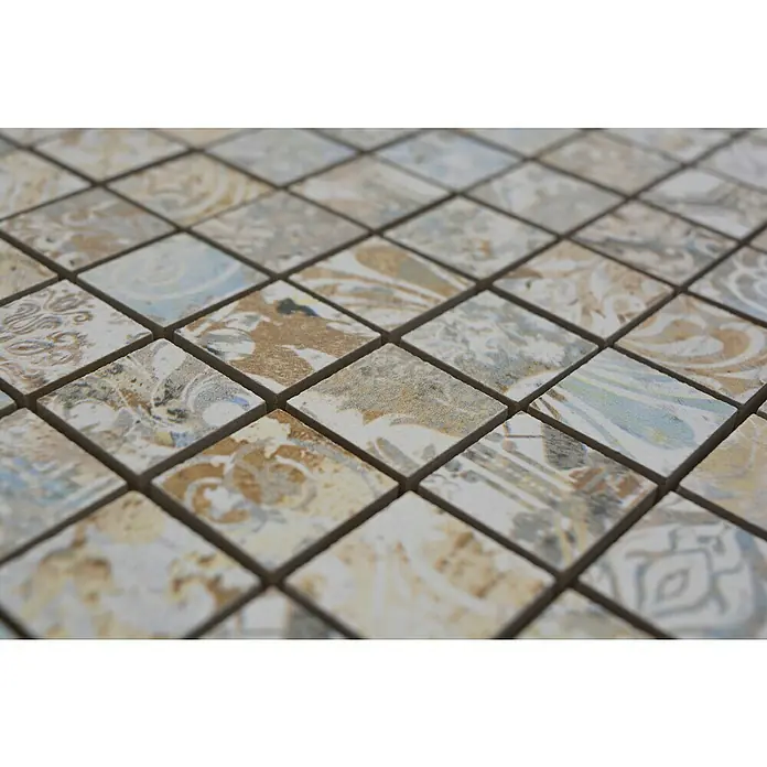 Mosaikfliese Quadrat Curtain Mixlight Colour CS 25MLC - 29,5 x 29,5 cm, Beige/Braun/Blau, Matt - Nahaufnahme von quadratischen, gemusterten Mosaikfliesen in Beige-, Braun- und Blautönen, die ein elegantes und dekoratives Designelement darstellen.