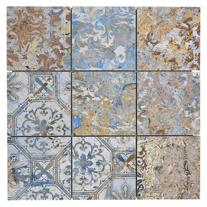 Mosaikfliese Quadrat Curtain 95 Strong Colour Mix CV 95MSC - 29 x 29 cm, Beige/Braun/Blau, Matt - Nahaufnahme von neun verzierten Bodenfliesen.