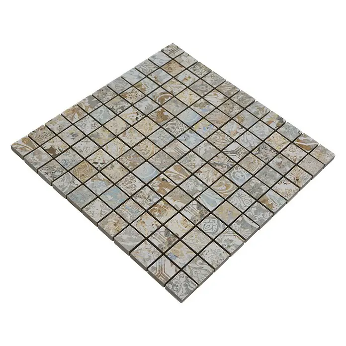 Mosaikfliese Quadrat Curtain Mixlight Colour CS 25MLC - 29,5 x 29,5 cm, Beige/Braun/Blau, Matt - Nahaufnahme eines quadratischen Mosaiks mit dekorativen Mustern in Beige-, Braun- und Blautönen, ideal für Wand- und Bodenbeläge.