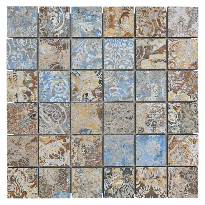 Mosaikfliese Quadrat Curtain 47 Strong Colour Mix CV 47MSC - 29,5 x 29,5 cm, Beige/Braun/Blau, Matt - Fliesenmuster mit mediterranem Design und einer Farbpalette aus Blau-, Braun- und Beigetönen für ein rustikales Ambiente.
