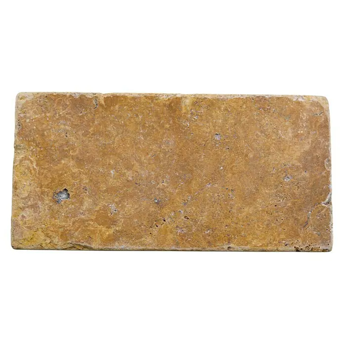Antikmarmorfliese Travertin Gold - 7,5 x 15 cm, Gold, Matt - Ein rechteckiger Travertin-Ziegelstein in warmen Goldtönen, ideal für stilvolle Innen- und Außendesigns.