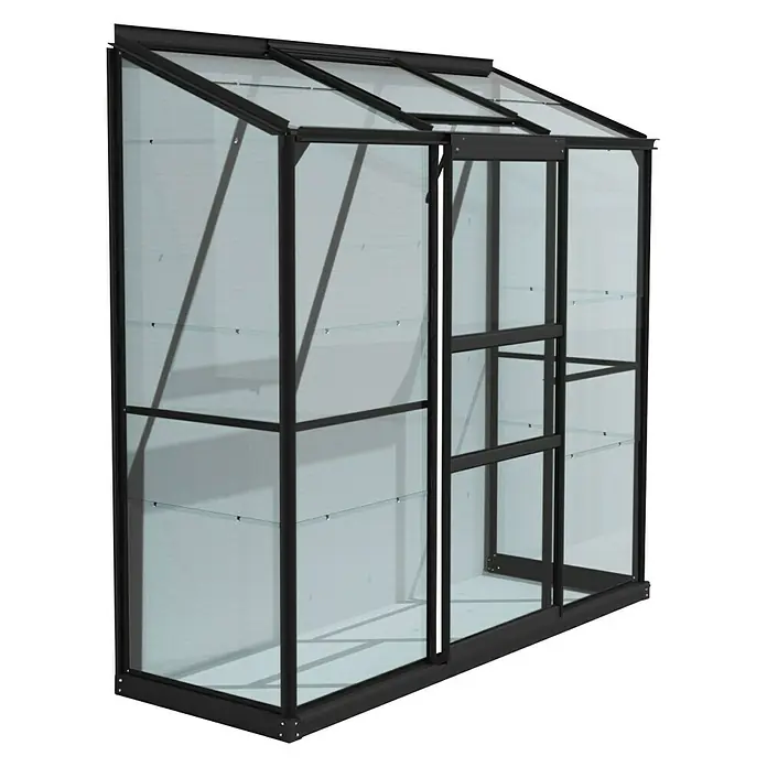 Vitavia Gewächshaus Styx 1300 - Außenmaß inkl. Dachüberstand (B x T): 192,8 x 69 cm, 3 mm, Schwarz - Nahaufnahme eines Gewächshauses mit schwarzem Rahmen und Glaspaneelen, das einen klaren Blick auf das Innere bietet. Optimal für Pflanzenliebhaber.