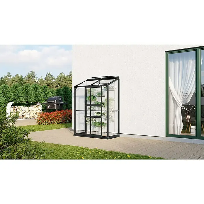 Vitavia Gewächshaus Styx 900 - Außenmaß inkl. Dachüberstand (B x T): 130,6 x 69 cm, 3 mm, Schwarz - Das Anlehngewächshaus bietet Platz für Pflanzen auf kleinem Raum und ist ideal für Gärten mit begrenztem Platzangebot.