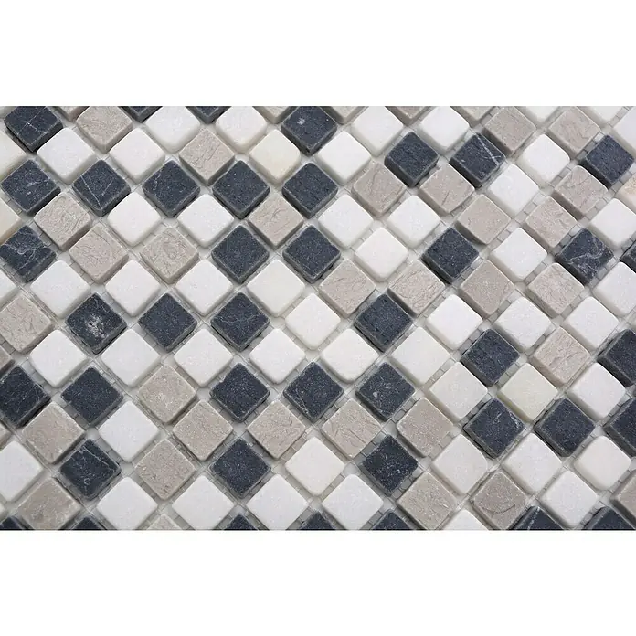 Mosaikfliese Quadrat Mix MOS 15/1125 - 32,2 x 30,5 cm, Beige/Grau/Schwarz, Matt - Nahaufnahme eines Mosaiks aus kleinen, quadratischen Fliesen in Weiß-, Grau- und Schwarztönen. Das Mosaik erzeugt ein elegantes Muster.